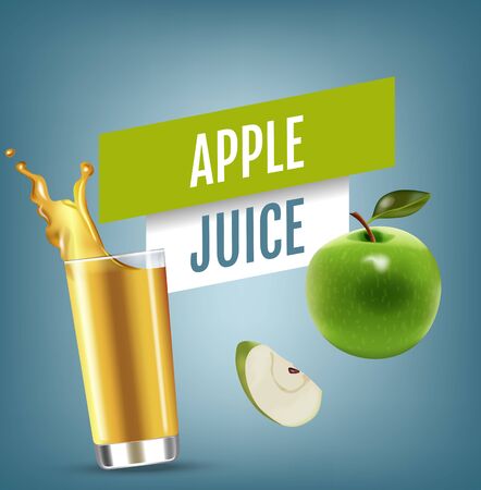 Vector realistic isolated illustration of apple and apple juice in glass. Ad poster with 3d effect of fresh beverage with splash. Healthy organic apple fruit and juice on green background.のイラスト素材