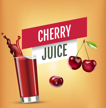 Vector realistic isolated illustration of cherry and cherry juice in glass. Ad poster with 3d effect of fresh beverage with splash. Healthy organic cherry berry and cherry juice on orange background.のイラスト素材