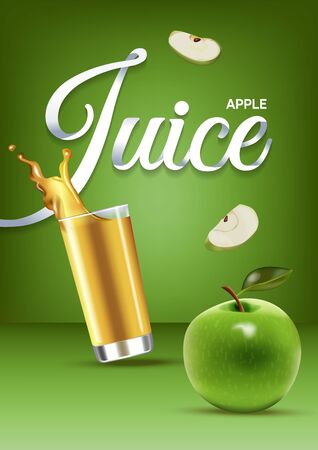 Vector realistic isolated illustration of apple and apple juice in glass. Ad poster with 3d effect of fresh beverage with splash. Healthy organic apple fruit and juice on green background.のイラスト素材