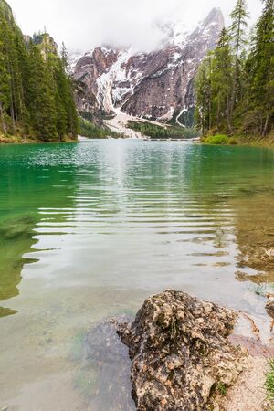 Landscape at Lake Braies or Pragser Wildsee located in Dolomites area, Italy.の写真素材