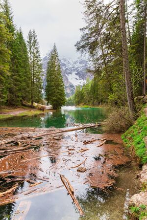 Landscape at Lake Braies or Pragser Wildsee located in Dolomites area, Italy.の写真素材