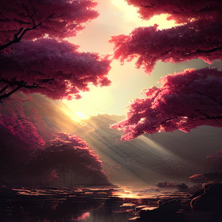 Illustration evening landscape with cherry blossoms. High quality Illustrationの写真素材