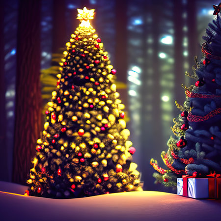 christmas night, christmas landscape, christmas theme, small christmas tree, gifts, santa claus, a house in the forest.の写真素材