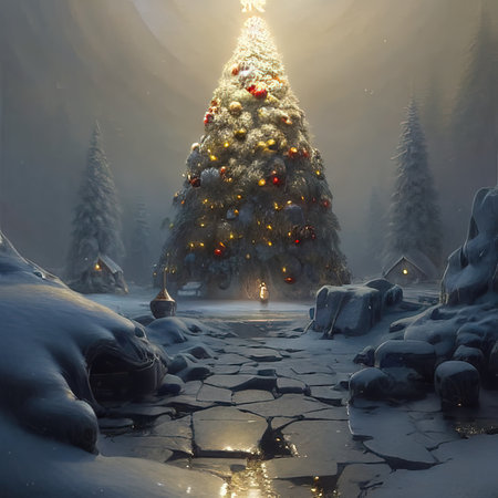 christmas night, christmas landscape, christmas theme, small christmas tree, gifts, santa claus, a house in the forest.の写真素材