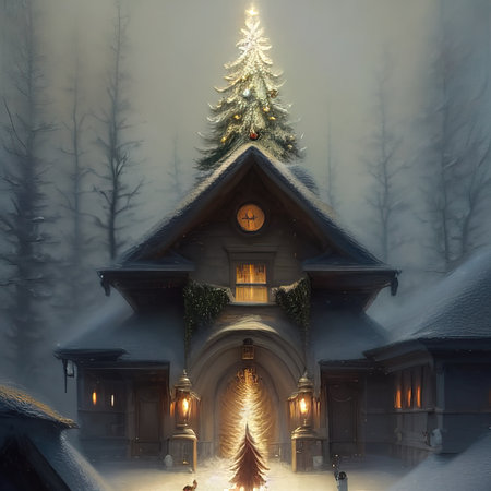 christmas night, christmas landscape, christmas theme, small christmas tree, gifts, santa claus, a house in the forest.の写真素材