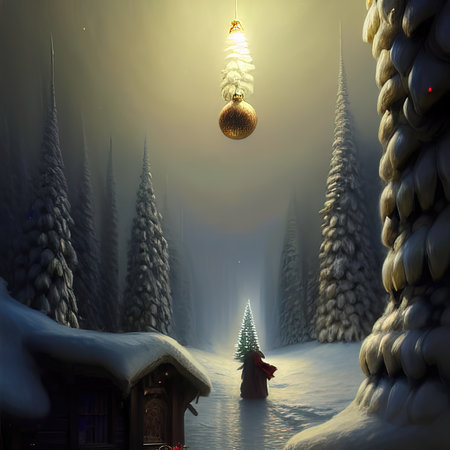 christmas night, christmas landscape, christmas theme, small christmas tree, gifts, santa claus, a house in the forest.の写真素材
