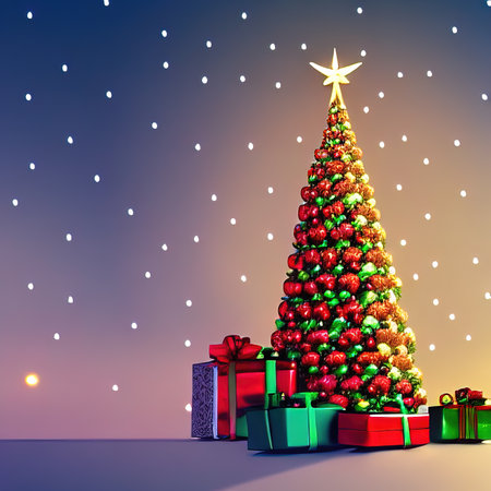 christmas night, christmas landscape, christmas theme, small christmas tree, gifts, santa claus, a house in the forest.の写真素材