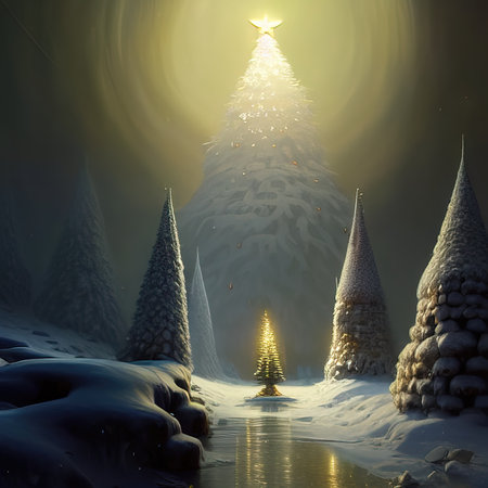 christmas night, christmas landscape, christmas theme, small christmas tree, gifts, santa claus, a house in the forest.の写真素材