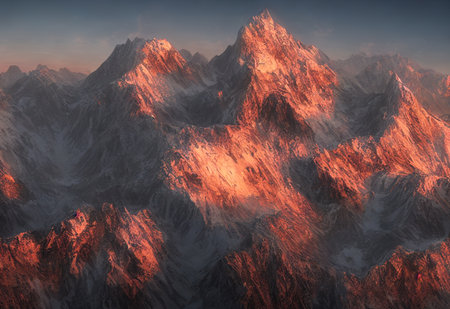 Illustration of a mountain landscape at sunrise. high quality illustrationの写真素材