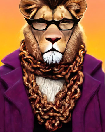 Lion face with glasses. Geek lion with glasses wearing a knitted scarf wrapped around his neck. high quality illustrationの写真素材