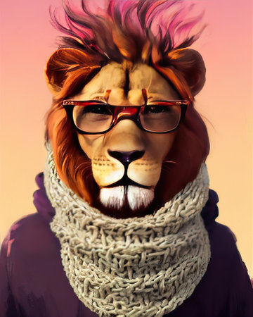 Lion face with glasses. Geek lion with glasses wearing a knitted scarf wrapped around his neck. high quality illustrationの写真素材