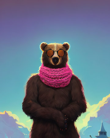 Bear face in glasses. Geek bear in glasses in a knitted scarf wrapped around his neck. high quality illustrationの写真素材
