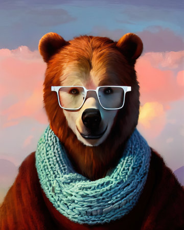 Bear face in glasses. Geek bear in glasses in a knitted scarf wrapped around his neck. high quality illustrationの写真素材