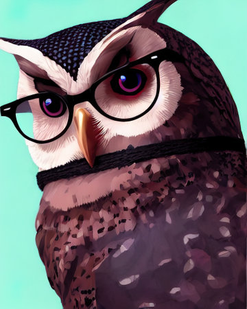 Owl face with glasses. Geek owl with glasses wearing a knitted scarf wrapped around his neck. high quality illustrationの写真素材