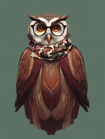 Owl face with glasses. Geek owl with glasses wearing a knitted scarf wrapped around his neck. high quality illustrationの写真素材