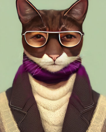Cat face with glasses. Geek cat with glasses wearing a knitted scarf wrapped around his neck. high quality illustrationの写真素材