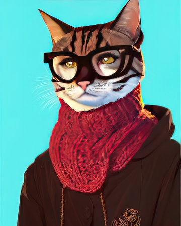Cat face with glasses. Geek cat with glasses wearing a knitted scarf wrapped around his neck. high quality illustrationの写真素材