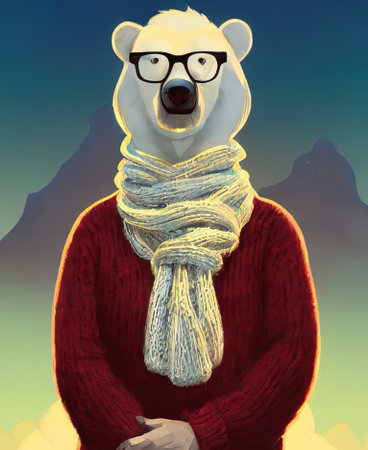 Bear face in glasses. Geek bear in glasses in a knitted scarf wrapped around his neck. high quality illustrationの写真素材