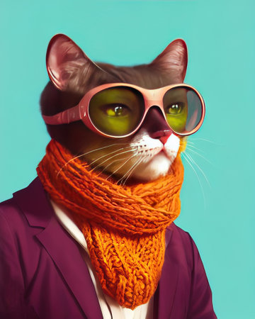 Cat face with glasses. Geek cat with glasses wearing a knitted scarf wrapped around his neck. high quality illustrationの写真素材