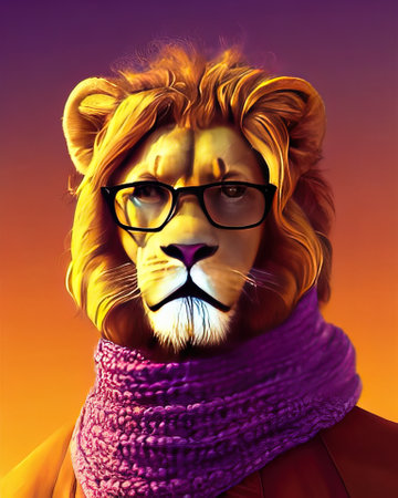 Lion face with glasses. Geek lion with glasses wearing a knitted scarf wrapped around his neck. high quality illustrationの写真素材
