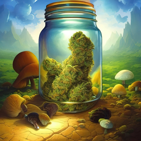 illustration of a cannabis jar surrounded by huge mushrooms. high quality illustrationの写真素材