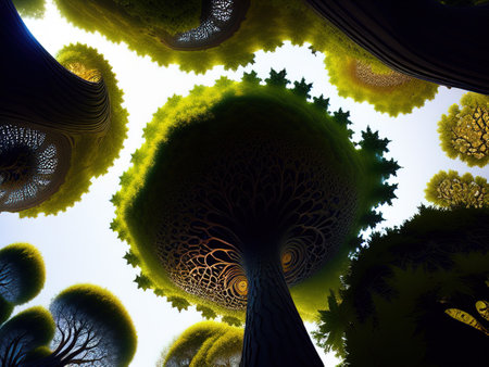 looking up at trees from ground level, trees parted in shape of mandelbrot set. high quality illustrationの素材