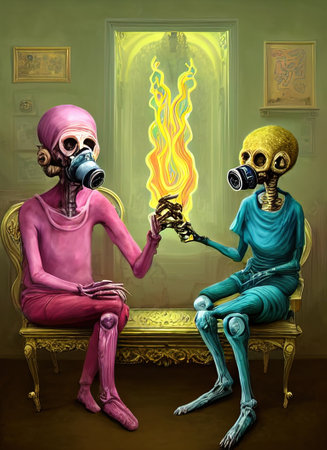 Portrait of an elderly couple in a post-apocalyptic style. An old woman and an old man wearing a chemical protection suit hold hands. high quality illustrationの写真素材