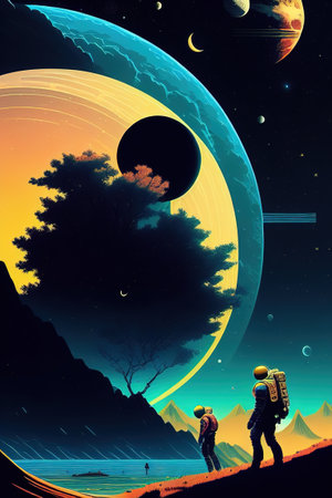 Lost astronaut in Jupiter, epic scene, displaying in the background the moon and other planets and starsの写真素材