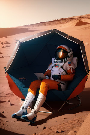 an astronaut resting on mars in a beach chair. high quality illustrationの写真素材