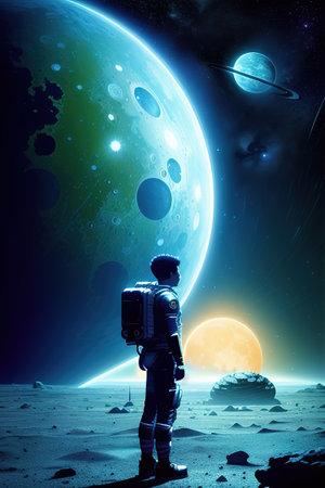 Lost astronaut in Jupiter, epic scene, displaying in the background the moon and other planets and starsの写真素材