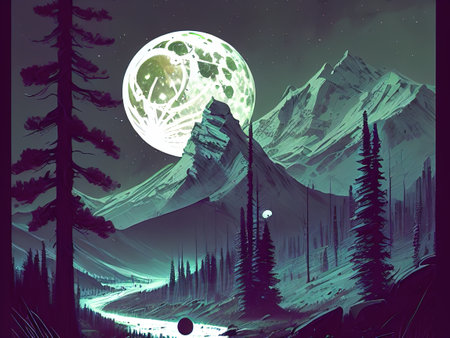 rocky mountains at night, large full moon in the center of the background, pine trees, digital art. high quality illustrationの写真素材