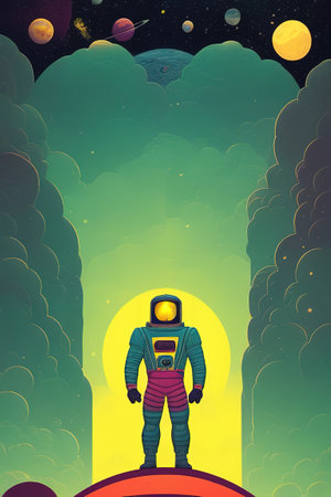 Lost astronaut in Jupiter, epic scene, displaying in the background the moon and other planets and starsの写真素材