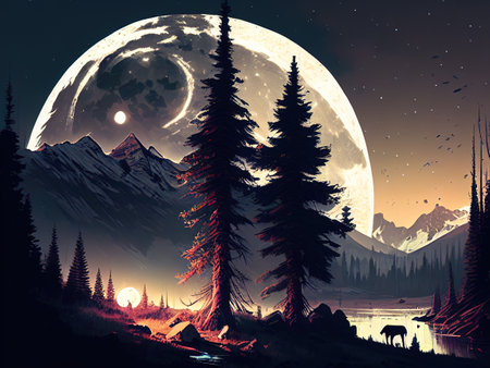 rocky mountains at night, large full moon in the center of the background, pine trees, digital art. high quality illustrationの写真素材