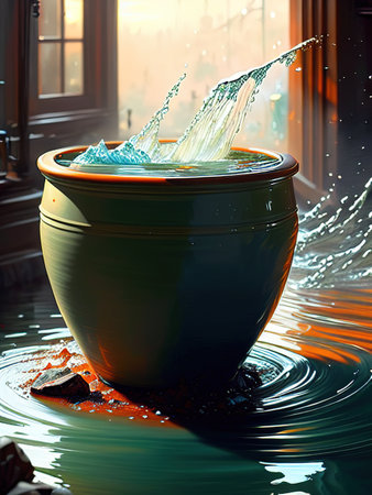 A beautiful painting of water spilling out of a broken pot, earth colored clay pot. high quality illustrationの写真素材