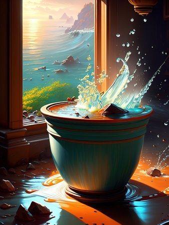 A beautiful painting of water spilling out of a broken pot, earth colored clay pot. high quality illustrationの写真素材
