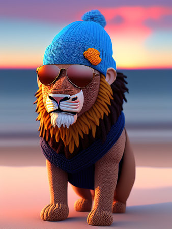 a knitted smiling male lion wearing blue sunglasses and a beanie cap at the beach during sunset. high quality illustrationの写真素材