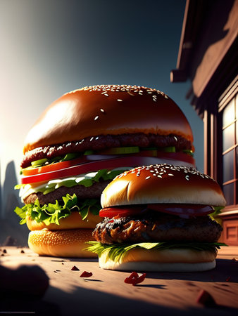 Fresh juicy burger just cooked, flame, fire, epic scene. high quality illustrationの写真素材