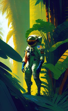 Astronaut in a Jungle, cold color palette. high quality illustrationの写真素材