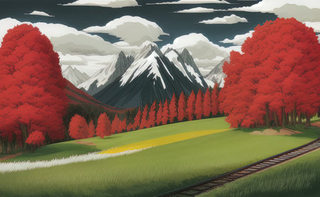 painting evening sky, low thunder clouds foothpath with trees at india. high quality illustrationの写真素材