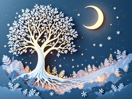 Paper applique, tree with roots against night sky and moon. High quality illustrationの写真素材