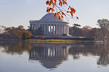 Thomas Jefferson Memorial in the autumn, reflected in the water のeditorial素材