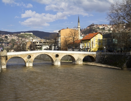Latin Bridge on Miljacka river in Sarajevo the capital city of Bosnia and Herzegovina の写真素材