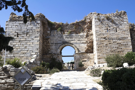 The stone gate that leads through the walls and into the Church of St John, Selcuk, Turkeyの写真素材