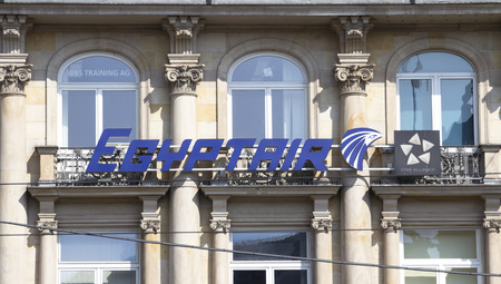 FRANKFURT, GERMANY - SEP 10, 2016: The logo of the brand "Egypt Air", Frankfurt am Main, Germany.のeditorial素材