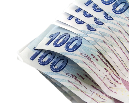 Turkish One Hundred Lira banknotes front, close-up detail, isolated on white