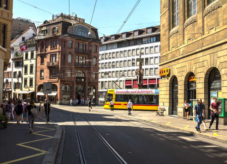 Basel, SWITZERLAND: street in old town, shopping district on Freie Str. street