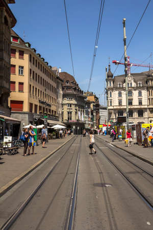 Basel, SWITZERLAND: street in old town, shopping district on Freie Str. street