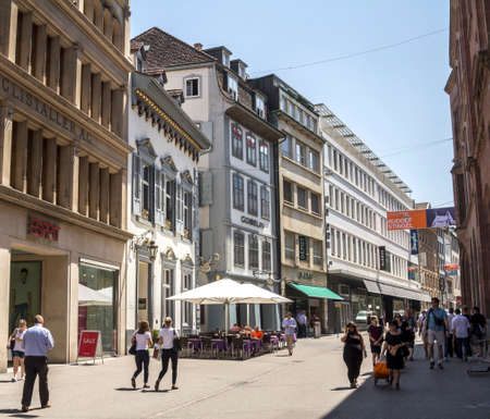 Basel, SWITZERLAND: street in old town, shopping district on Freie Str. streetのeditorial素材