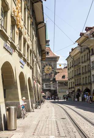 BERN, SWITZERLAND -  view of old town of Bern city, unesco world heritage site, It is a popular shopping street and medieval city centre of Bern, Switzerlandのeditorial素材