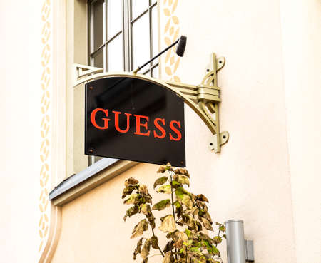 Ingolstadt, GERMANY: Guess logo on a store front. Guess is an American upscale clothing line brand popular with its brand of jeans.のeditorial素材